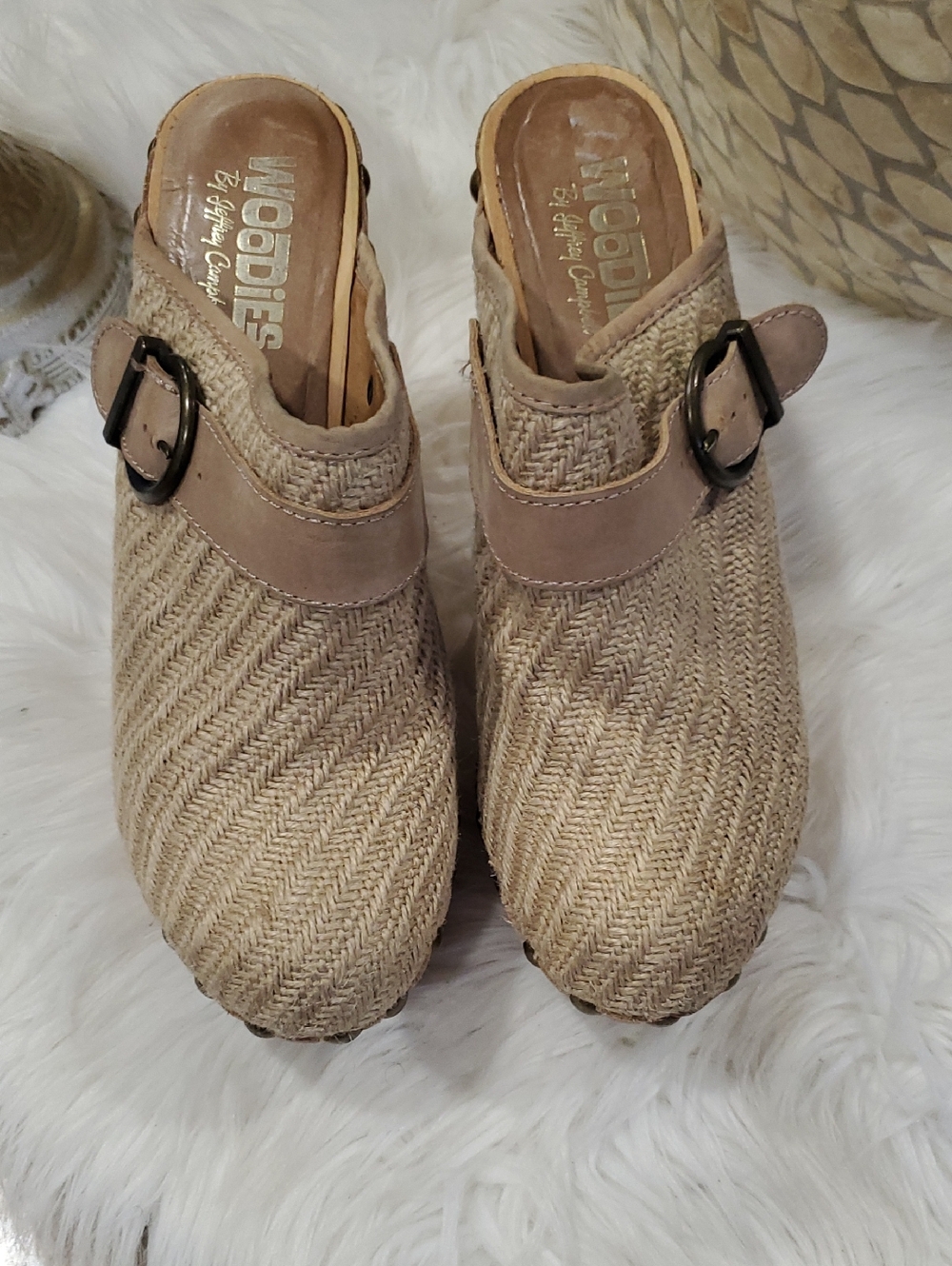 Beige Woven Mule Clogs with Buckle Accent